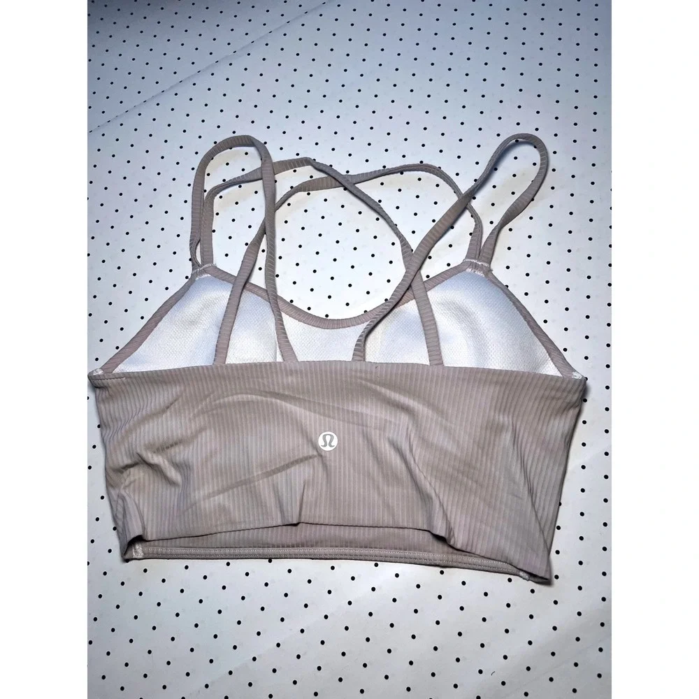 Lululemon Ribbed Longline Sports Bra Womens Light Taupe Strappy Back Yoga Bra